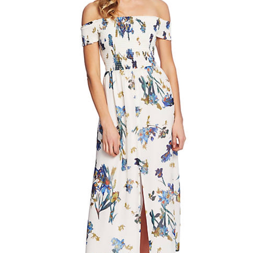 CeCe White Off the ShoulderBlue floral Maxi Dress